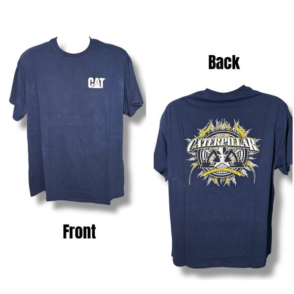 Gildan Caterpillar CAT SS Navy Blue 2 Side Graphic T-shirt Mfg by Caterpillar XL - Picture 1 of 5